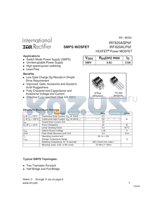 IRF820ALPBF datasheet - HEXFET Power MOSFET