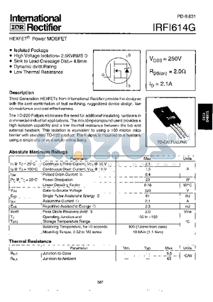 IRFI614G datasheet - Power MOSFET(Vdss=250V, Rds(on)=2.0ohm, Id=2.1A)