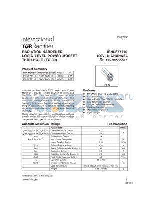 IRHLF73110 datasheet - RADIATION HARDENED LOGIC LEVEL POWER MOSFET THRU-HOLE (TO-39)