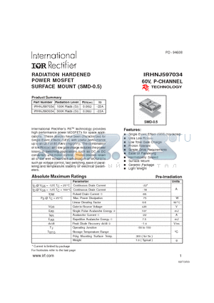 IRHNJ597034 datasheet - RADIATION HARDENED POWER MOSFET SURFACE MOUNT