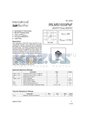 IRLMS1503PBF datasheet - HEXFET^ Power MOSFET