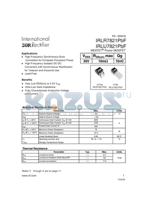 IRLR7821PBF datasheet - HEXFET^ Power MOSFET