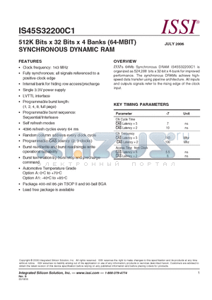 IS45S32200C1-7TA1 datasheet - 512K Bits x 32 Bits x 4 Banks (64-MBIT) SYNCHRONOUS DYNAMIC RAM