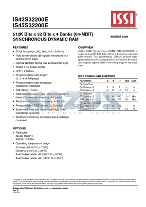 IS45S32200E datasheet - 512K Bits x 32 Bits x 4 Banks (64-MBIT) SYNCHRONOUS DYNAMIC RAM