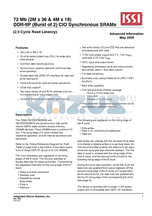 IS61DDPB22M36-375M3 datasheet - 72 Mb (2M x 36 & 4M x 18) DDR-IIP (Burst of 2) CIO Synchronous SRAMs