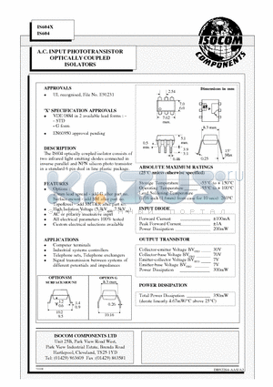 IS604X datasheet - A.C. INPUT PHOTOTRANSISTOR OPTICALLY COUPLED ISOLATORS