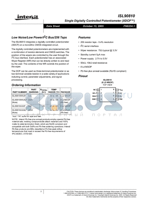 ISL90810UIU8Z-TK datasheet - Low Noise/Low Power/I2C Bus/256 Taps