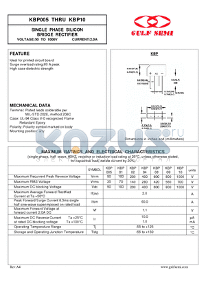 KBP10 datasheet - SINGLE PHASE SILICON BRIDGE RECTIFIER VOLTAGE:50 TO 1000V CURRENT:2.0A