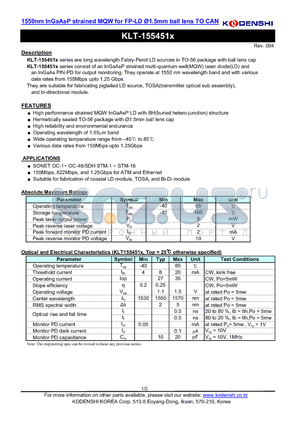 KLT-155451 datasheet - 1550nm InGaAsP strained MQW for FP-LD 1.5mm ball lens TO CAN