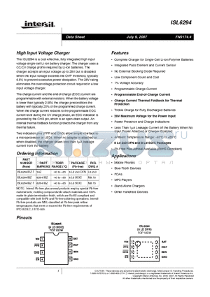 ISL6294_07 datasheet - High Input Voltage Charger