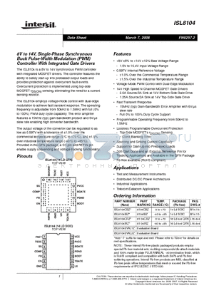 ISL8104EVAL1Z datasheet - 8V to 14V, Single-Phase Synchronous Buck Pulse-Width Modulation PWM Controller With Integrated Gate Drivers