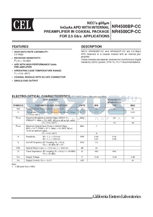 NR4500CP-CC datasheet - InGaAs APD WITH INTERNAL PREAMPLIFIER IN COAXIAL PACKAGE FOR 2.5 Gb/s APPLICATIONS