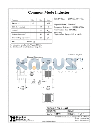 L-1012 datasheet - Common Mode Inductor