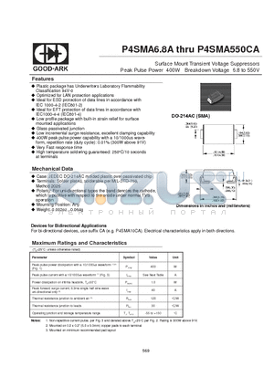 P4SMA8.2A datasheet - Surface Mount Transient Voltage Suppressors Peak Pulse Power 400W Breakdown Voltage 6.8 to 550V