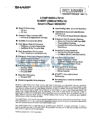 LH28F160S5-L70 datasheet - 16-MBIT(2MBx8/MBx16)Smart 5 Flash MEMORY