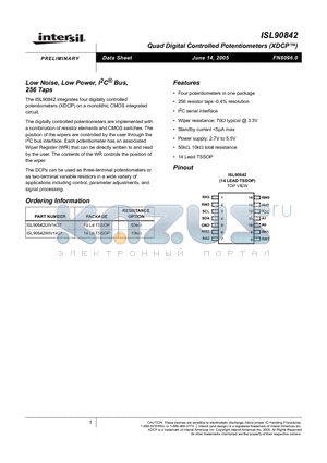 ISL90842WIV1427 datasheet - Low Noise, Low Power, I2C Bus, 256 Taps