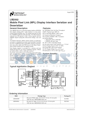 LM2502 datasheet - Mobile Pixel Link (MPL) Display Interface Serializer and Deserializer
