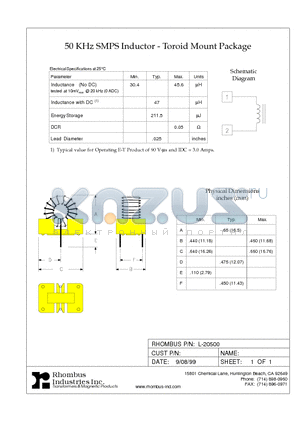 L-20500 datasheet - 50 KHz SMPS Inductor - Toroid Mount Package