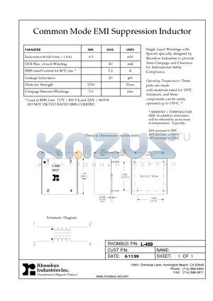 L-489 datasheet - Common Mode EMI Suppression Inductor