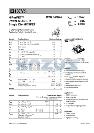 IXFN34N100 datasheet - HiPerFET Power MOSFETs Single Die MOSFET
