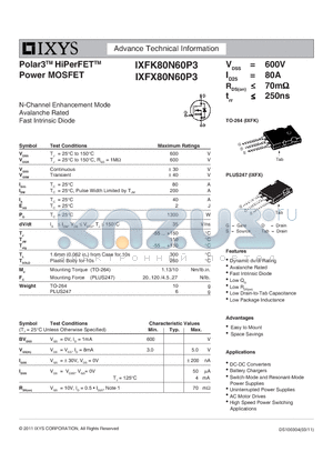IXFX80N60P3 datasheet - Polar3 HiPerFET Power MOSFET