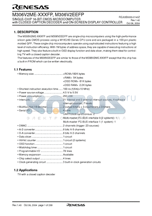 M306V2EEFS datasheet - SINGLE-CHIP 16-BIT CMOS MICROCOMPUTER with CLOSED CAPTION DECODER and ON-SCREEN DISPLAY CONTROLLER