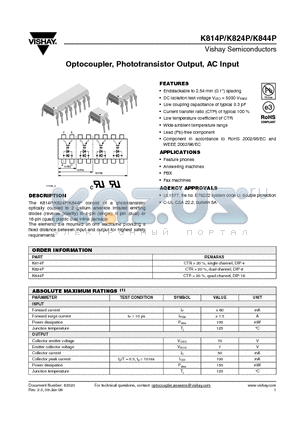 K824P datasheet - Optocoupler, Phototransistor Output, AC Input