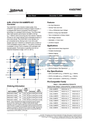 KAD2708C-10Q68 datasheet - 8-Bit, 275/210/170/105MSPS A/D Converter