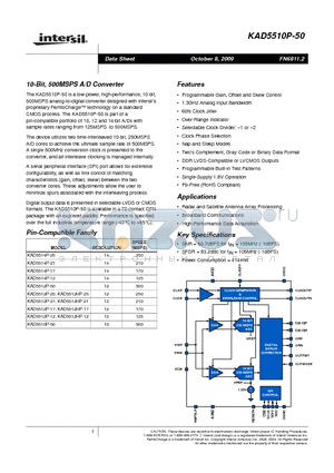 KAD5510P-50Q72 datasheet - 10-Bit, 500MSPS A/D Converter