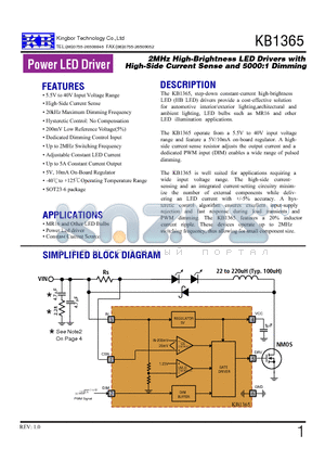 KB1365 datasheet - 2MHz High-Brightness LED Drivers with High-Side Current Sense and 5000:1 Dimming