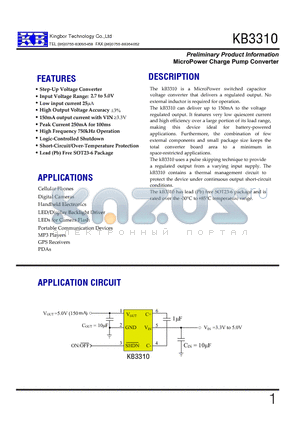 KB3310 datasheet - Preliminary Product Information MicroPower Charge Pump Converter