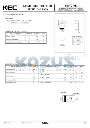 KDV273E datasheet - VARIABLE CAPACITANCE DIODE SILICON EPITAXIAL PLANAR DIODE(VCO FOR UHF/VHF BAND)