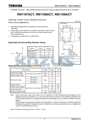 RN1109ACT datasheet - Switching, Inverter Circuit, Interface Circuit and Driver Circuit Applications