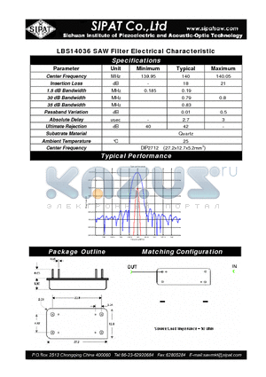 LBS14036 datasheet - SAW Filter Electrical Characteristic