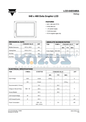 LCD-640X480A datasheet - 640 X 480 DOTS GRAPHIC LCD