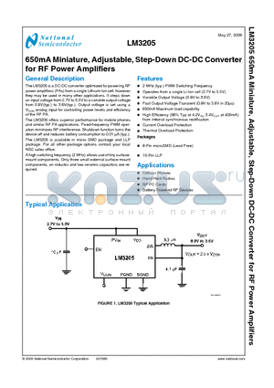 LM3205SDX-2 datasheet - 650mA Miniature, Adjustable, Step-Down DC-DC Converter for RF Power Amplifiers