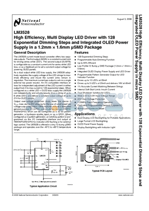 LM3528 datasheet - High Efficiency, Multi Display LED Driver with 128 Exponential Dimming Steps and Integrated OLED Power Supply in a 1.2mm  1.6mm lSMD Package