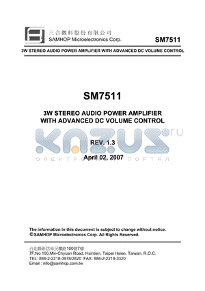 SM7511 datasheet - 3W STEREO AUDIO POWER AMPLIFIER WITH ADVANCED DC VOLUME CONTROL