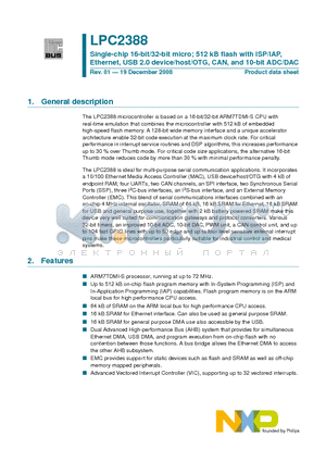 LPC2388FBD144 datasheet - Single-chip 16-bit/32-bit micro; 512 kB flash with ISP/IAP, Ethernet, USB 2.0 device/host/OTG, CAN, and 10-bit ADC/DAC