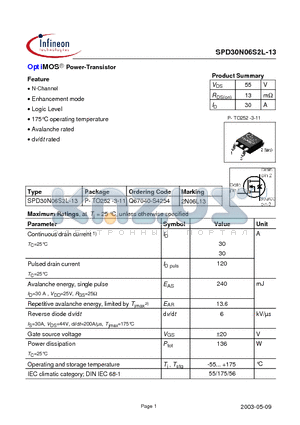 SPD30N06S2L-13 datasheet - OptiMOS Power-Transistor