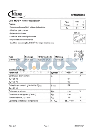 SPN02N60S5 datasheet - Cool MOS Power Transistor