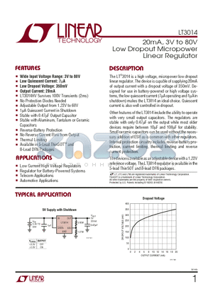 LT3014 datasheet - 20mA, 3V to 80V Low Dropout Micropower Linear Regulator