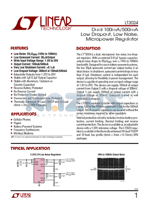LT3024EFE datasheet - Dual 100mA/500mA Low Dropout, Low Noise, Micropower Regulator