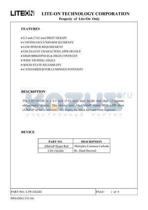 LTP-3362JD datasheet - This Device uses AS-AIInGaP Hyper RED LED chips