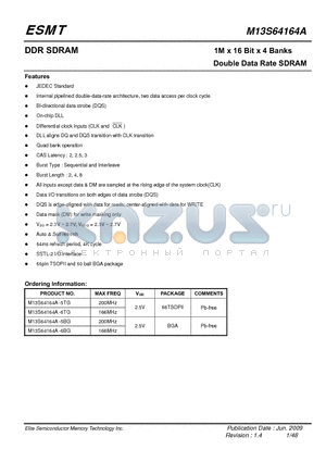 M13S64164A-6TG datasheet - 1M x 16 Bit x 4 Banks Double Data Rate SDRAM