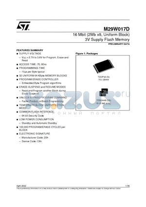 M29W017D90ZA6T datasheet - 16 Mbit 2Mb x8, Uniform Block 3V Supply Flash Memory