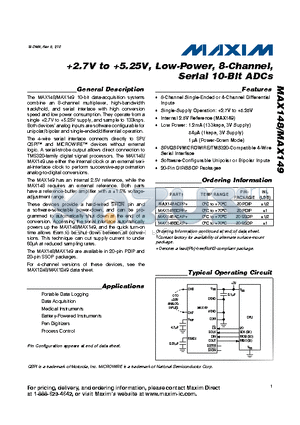 MAX148ACPP+ datasheet - 2.7V to 5.25V, Low-Power, 8-Channel, Serial 10-Bit ADCs