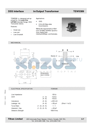TEW5389 datasheet - DSS Interface In/Output Transformer