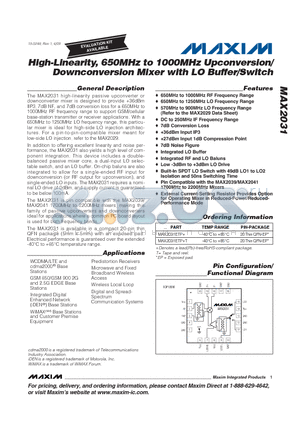 MAX2031ETP+ datasheet - High-Linearity, 650MHz to 1000MHz Upconversion/Downconversion Mixer with LO Buffer/Switch