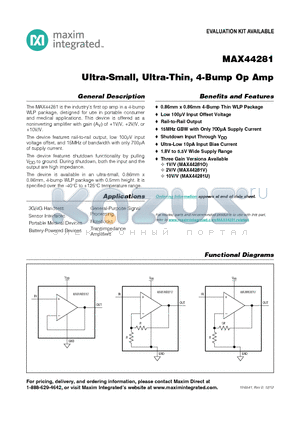 MAX44281 datasheet - Ultra-Small, Ultra-Thin, 4-Bump Op Amp